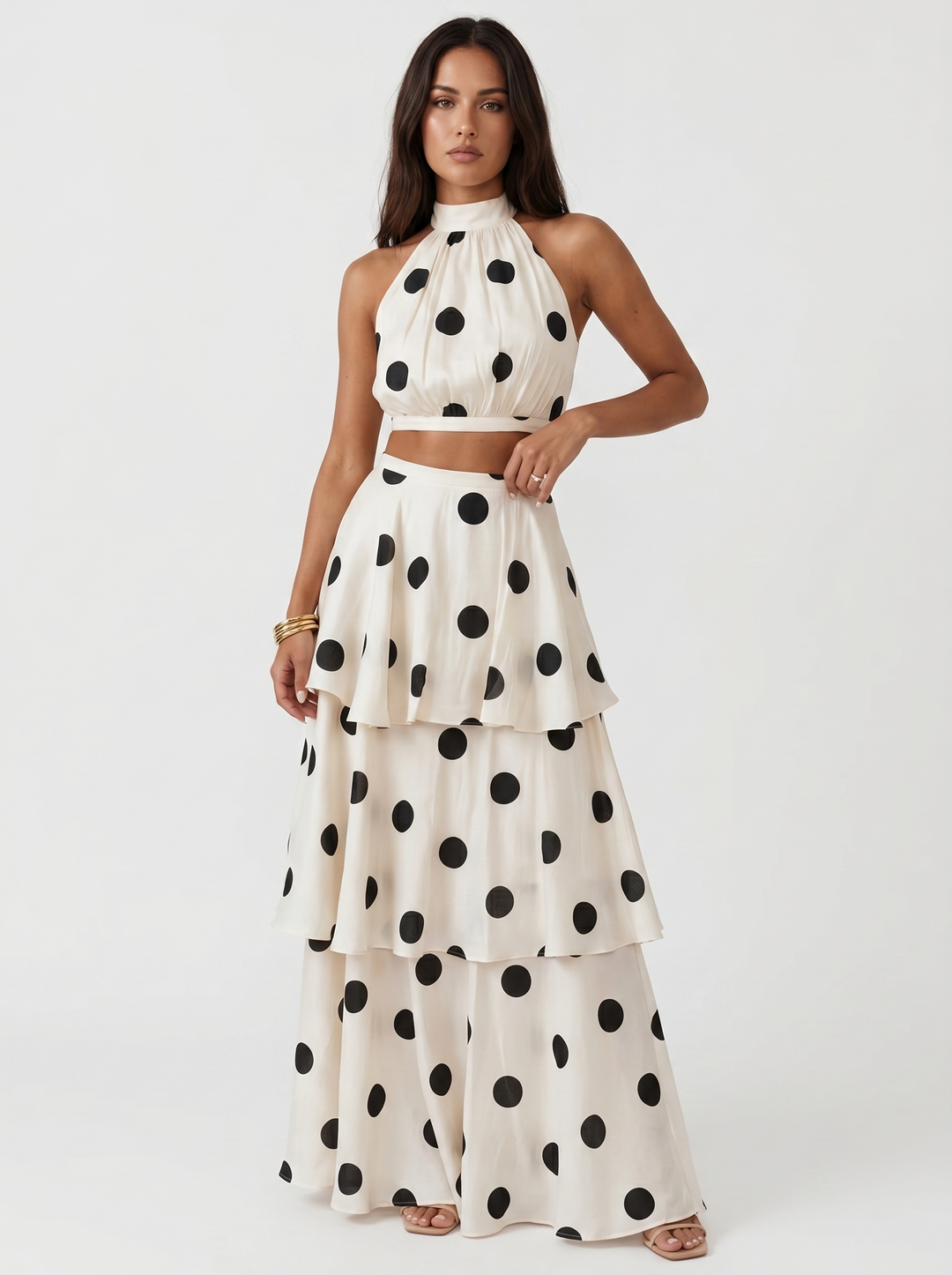 Ensemble top en lange rok met stippen