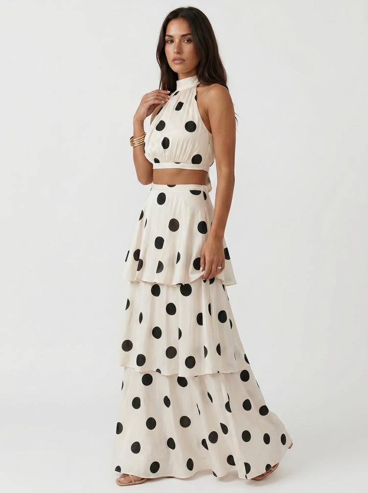Ensemble top en lange rok met stippen