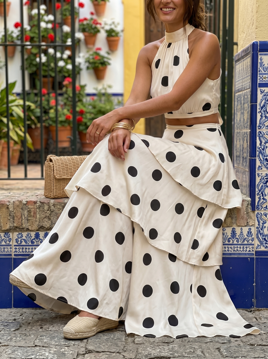 Ensemble top en lange rok met stippen
