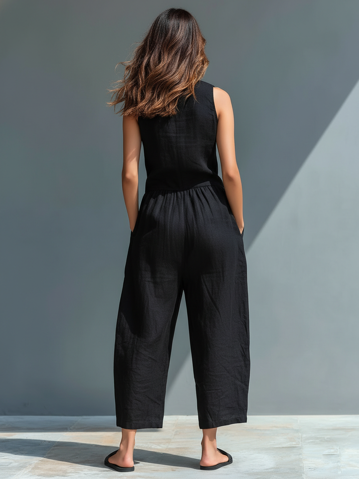 Vittoria | Minimalistische Zwarte Linnen Jumpsuit