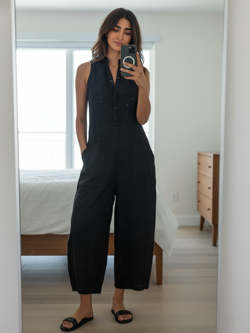 Vittoria | Minimalistische Zwarte Linnen Jumpsuit