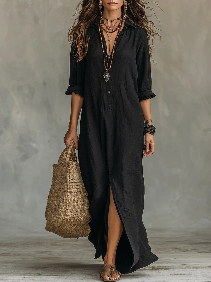 Alessia - Zachte Zwarte Maxi-jurk met Knopen