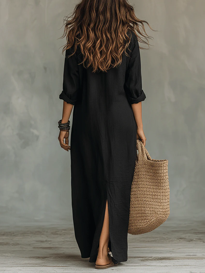 Alessia - Zachte Zwarte Maxi-jurk met Knopen