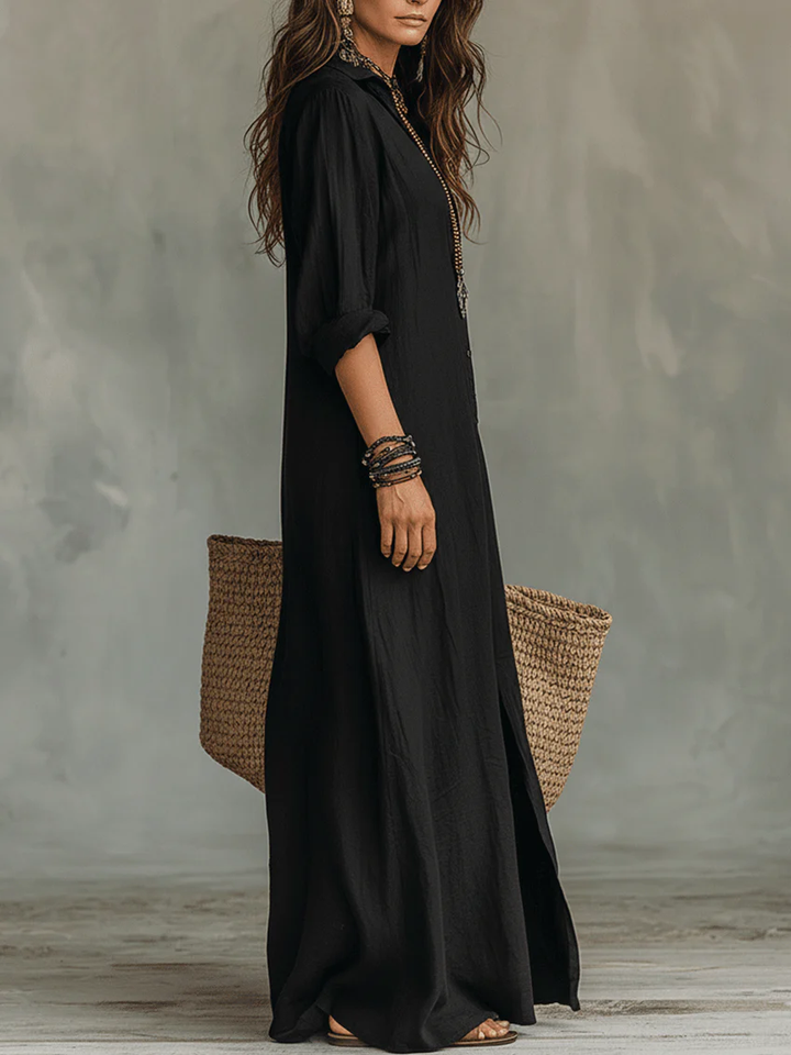 Alessia - Zachte Zwarte Maxi-jurk met Knopen