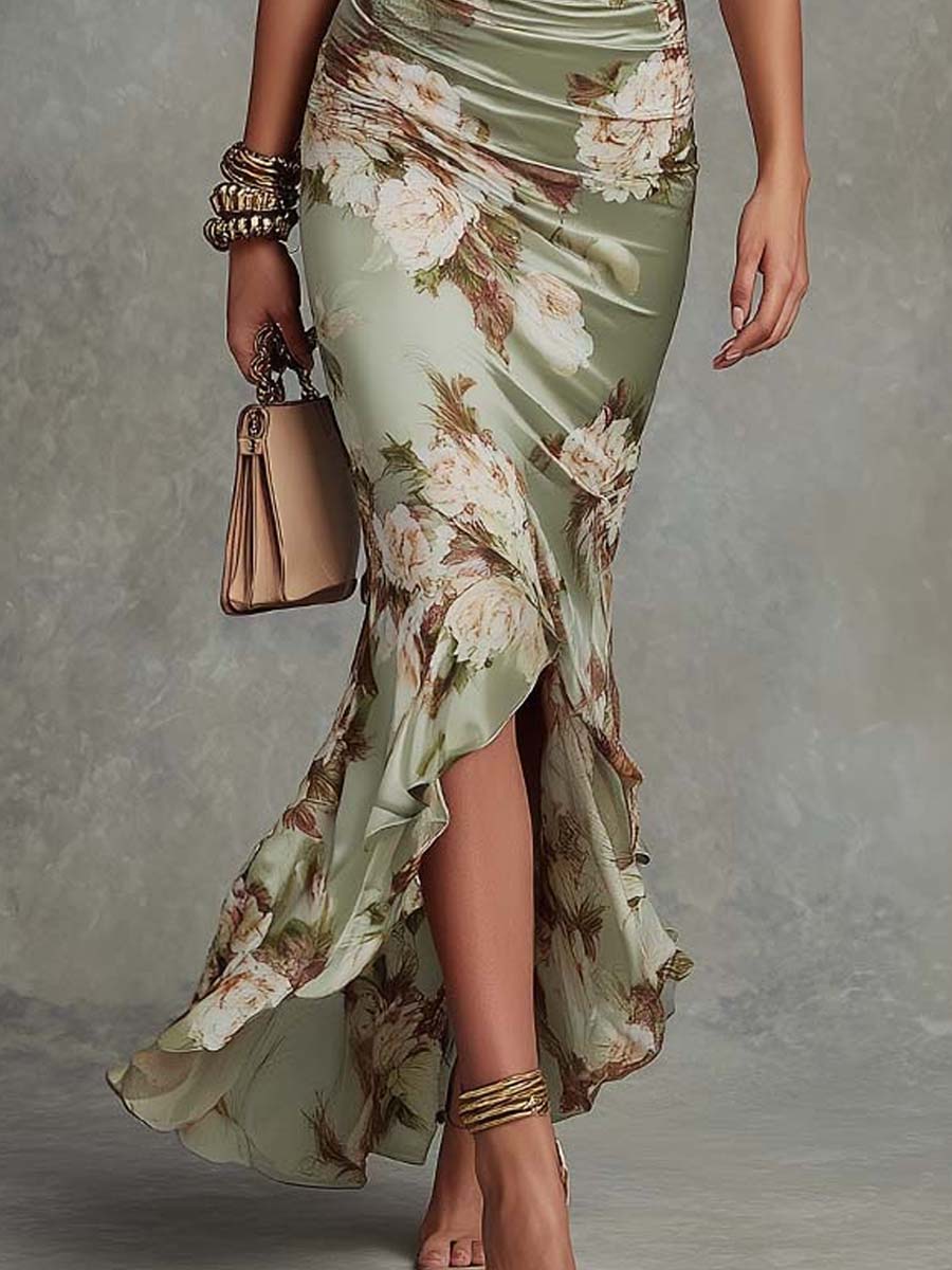 Anastasia | Lange Satijnen Jurk met Bloemenprint