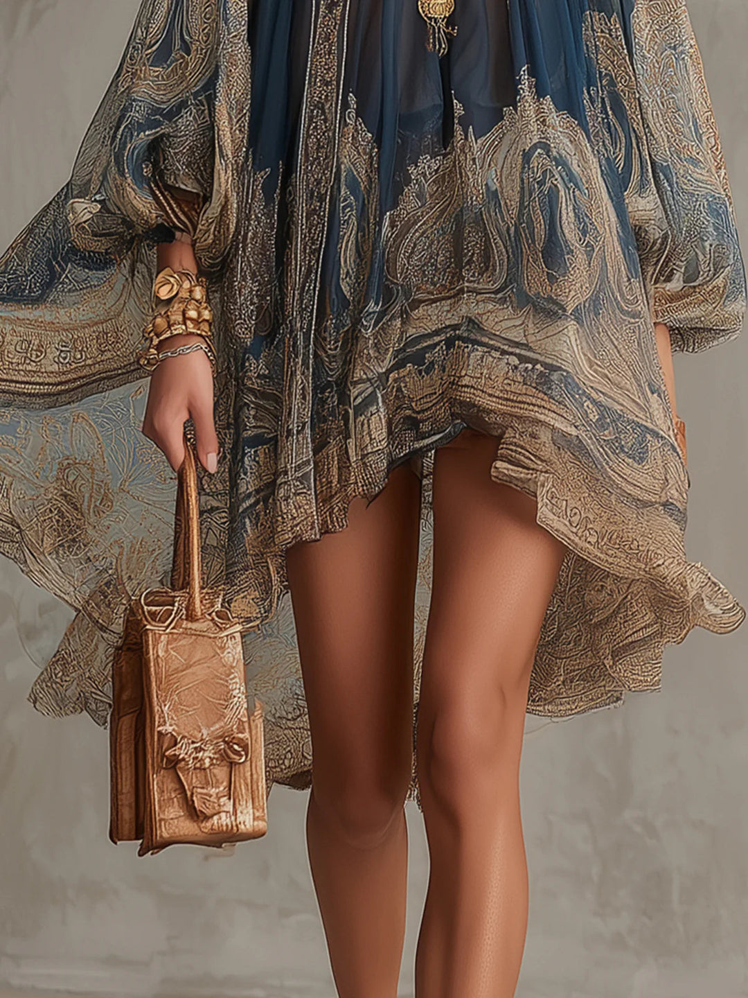 Marianna | Mini-jurk in marineblauwe chiffon met gouden barokprint