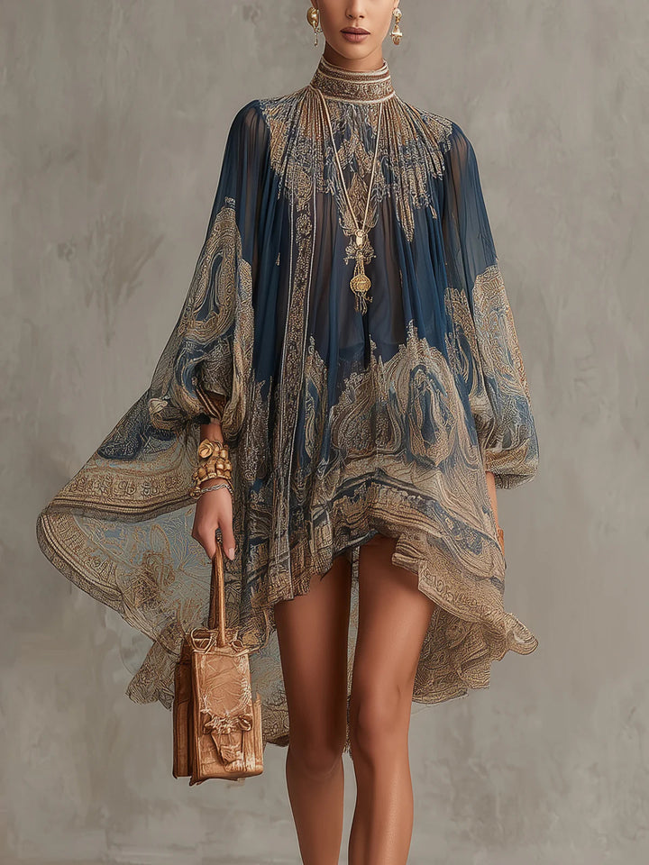 Marianna | Mini-jurk in marineblauwe chiffon met gouden barokprint