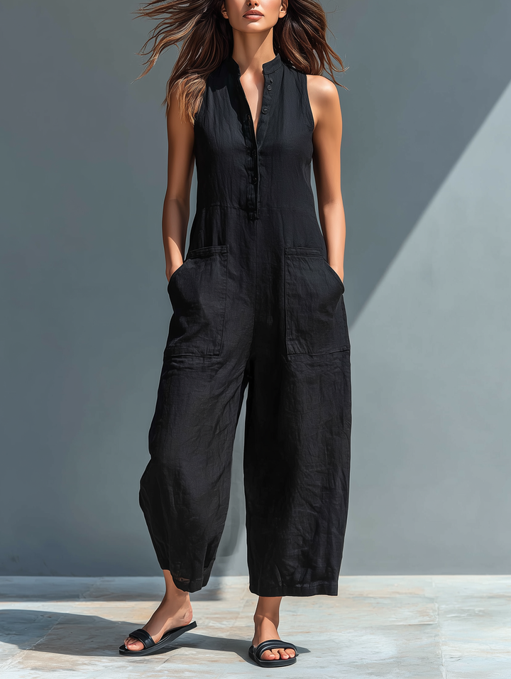 Vittoria | Minimalistische Zwarte Linnen Jumpsuit