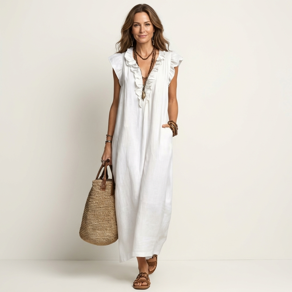 Josette | Rimpel V-Hals Linnen Maxi Jurk