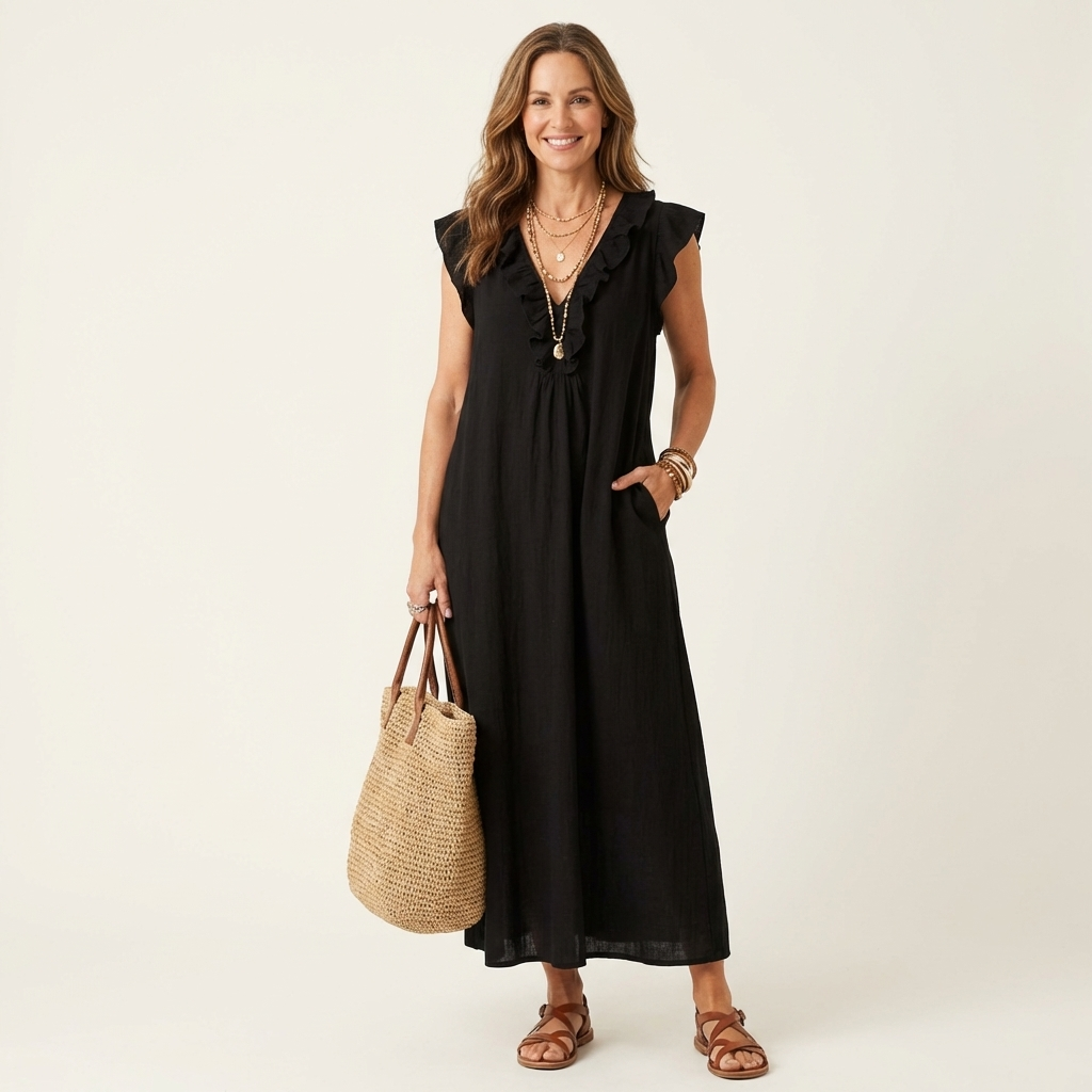 Josette | Rimpel V-Hals Linnen Maxi Jurk