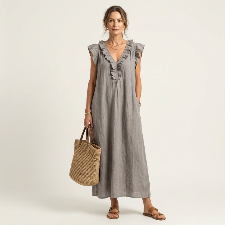 Josette | Rimpel V-Hals Linnen Maxi Jurk