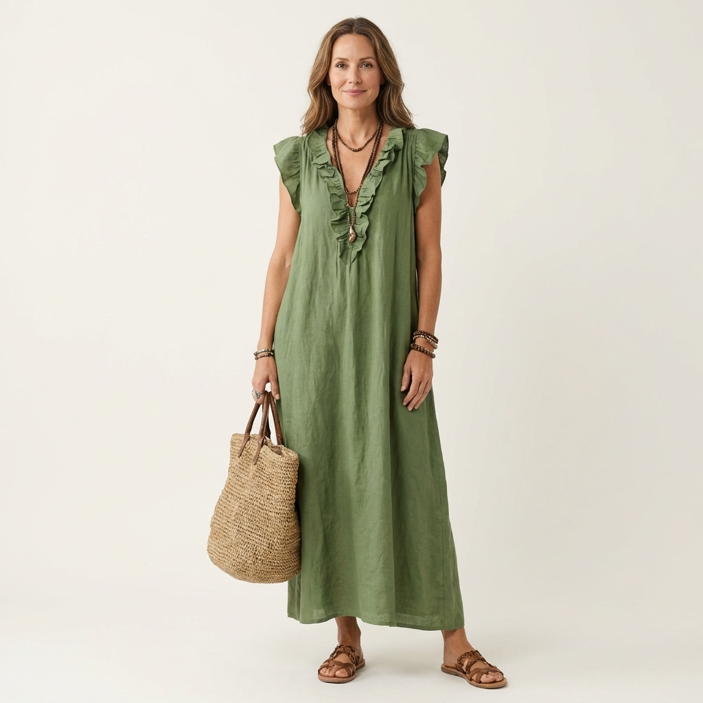 Josette | Rimpel V-Hals Linnen Maxi Jurk