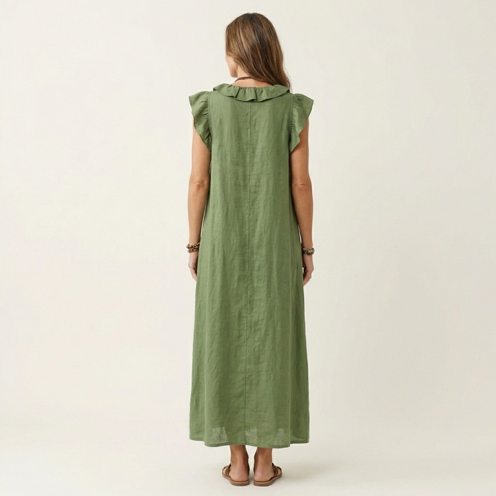 Josette | Ruffle V-Hals Linnen Maxi Jurk