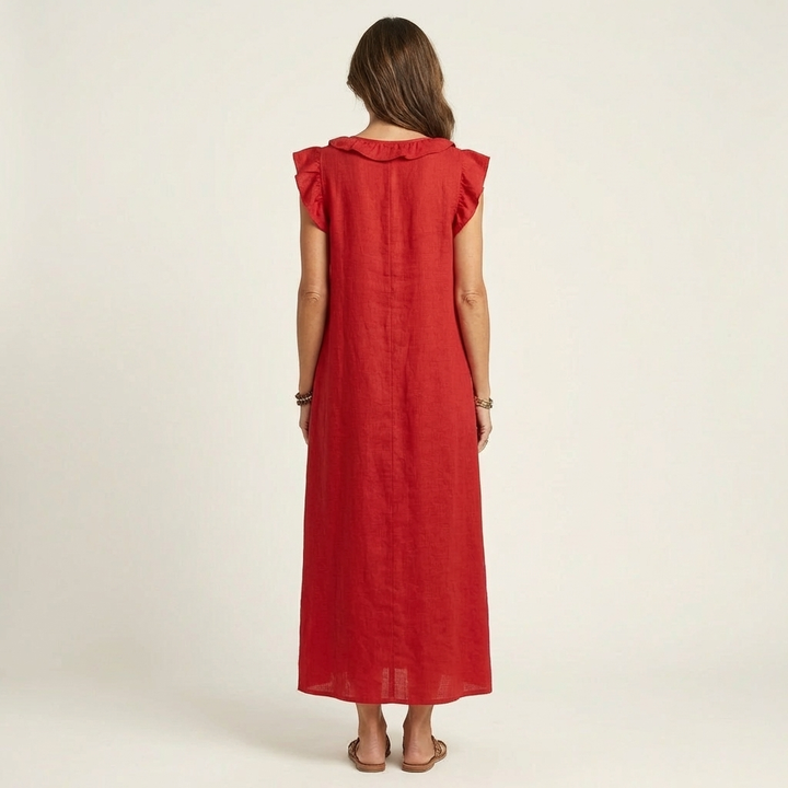 Josette | Rimpel V-Hals Linnen Maxi Jurk