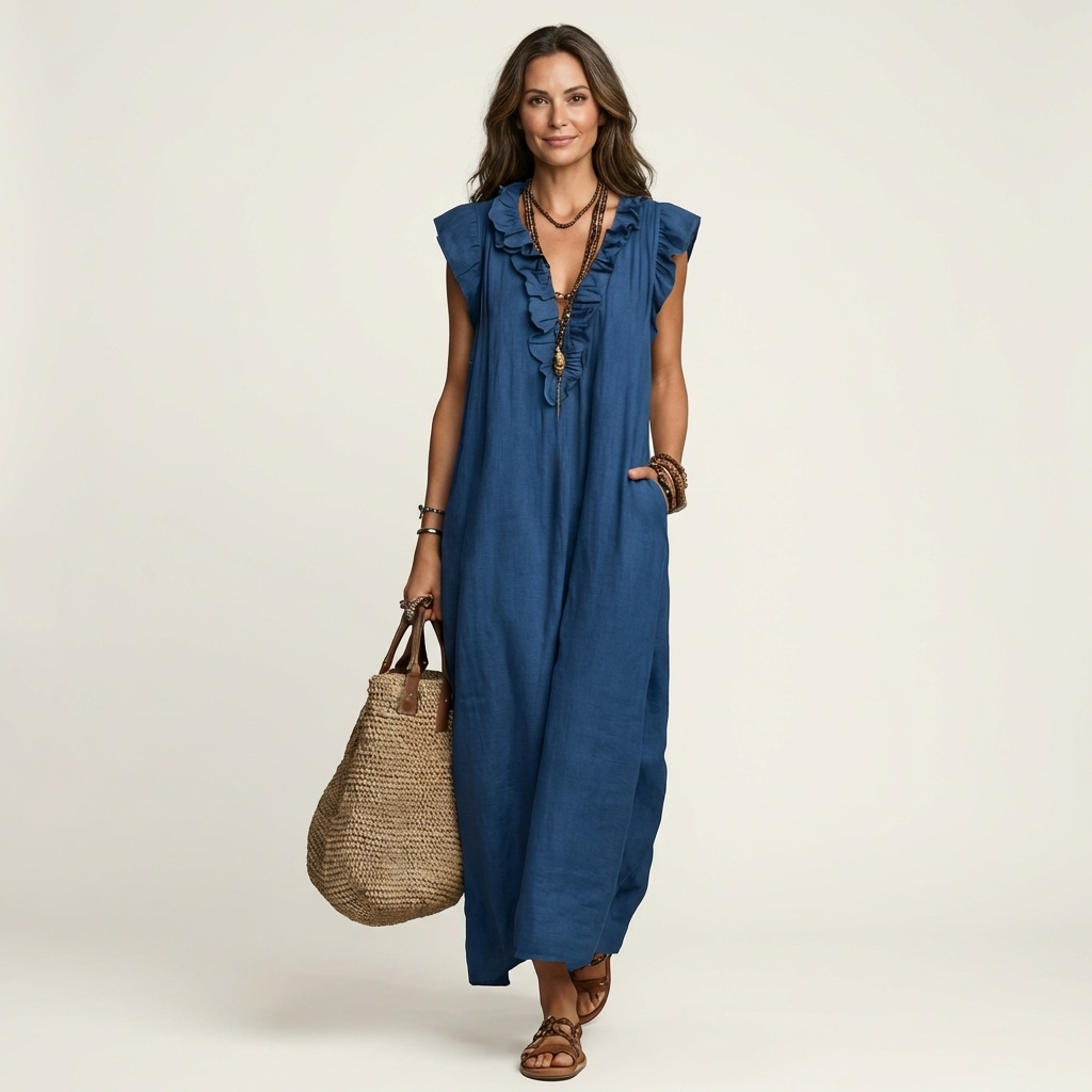 Josette | Rimpel V-Hals Linnen Maxi Jurk