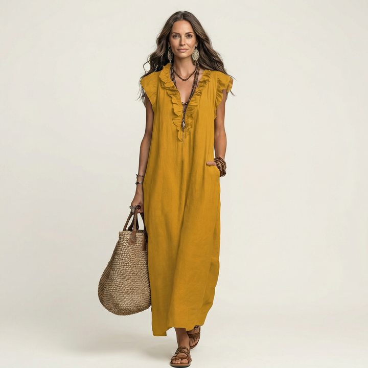 Josette | Rimpel V-Hals Linnen Maxi Jurk