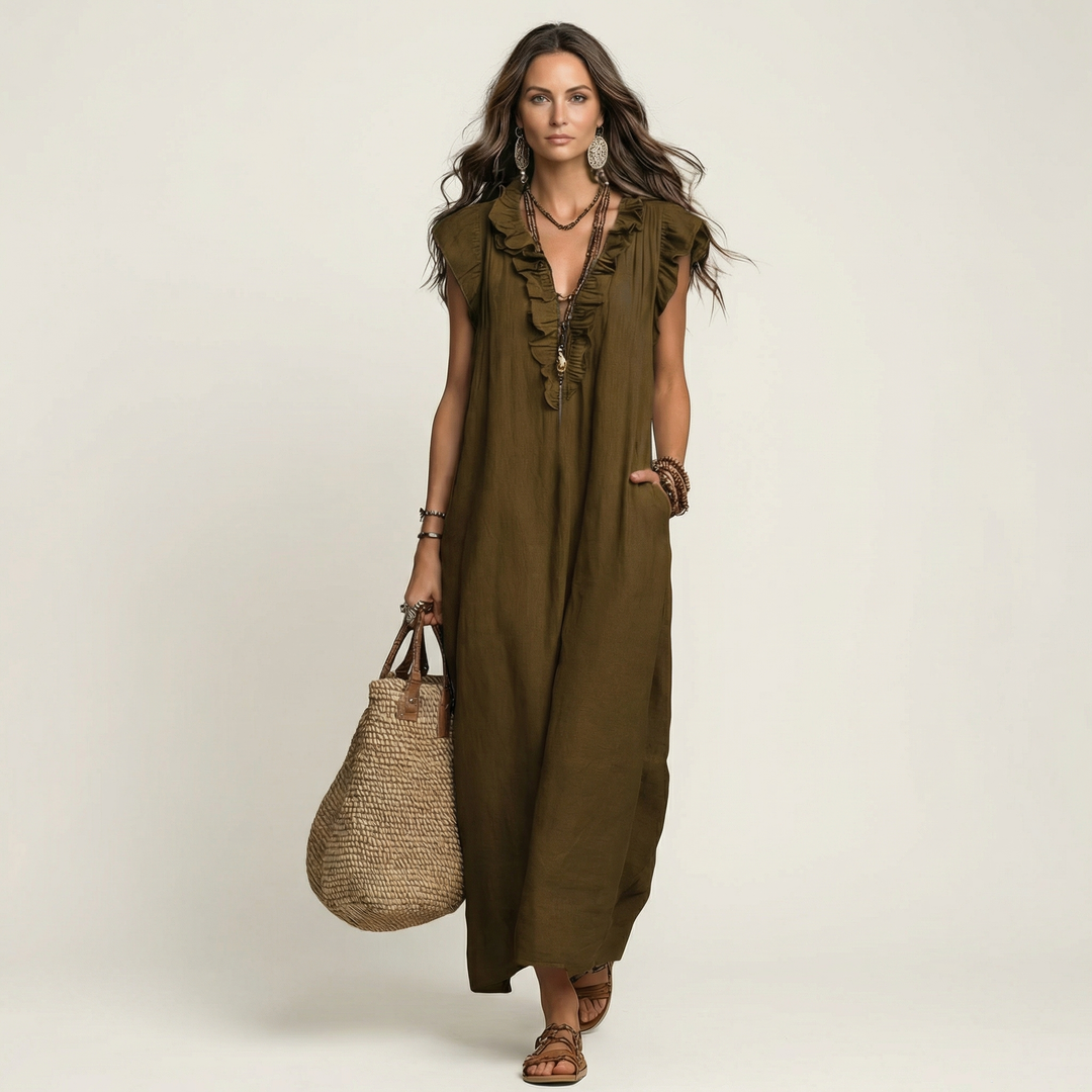 Josette | Ruffle V-Hals Linnen Maxi Jurk