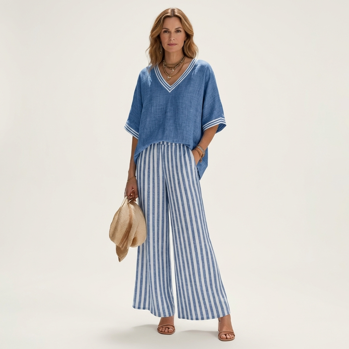 Juliana | V-Hals Varsity Top & Stripe Wijde Pijpen Set