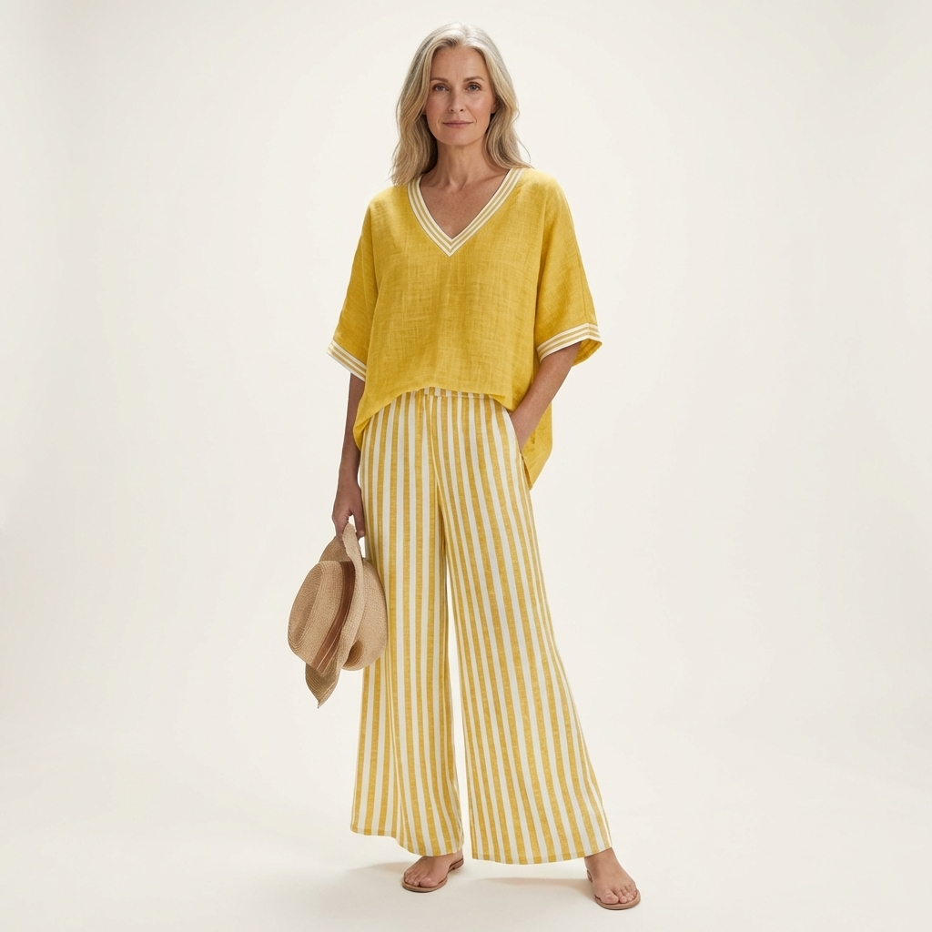 Juliana | V-Hals Varsity Top & Stripe Wijde Pijpen Set