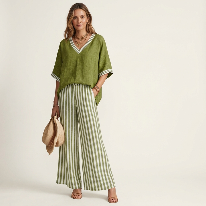 Juliana | V-Hals Varsity Top & Stripe Wijde Pijpen Set