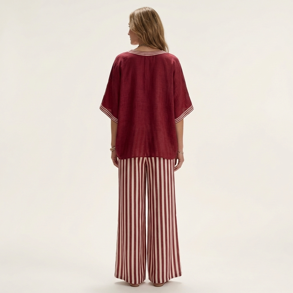 Juliana | V-Hals Varsity Top & Stripe Wijde Pijpen Set