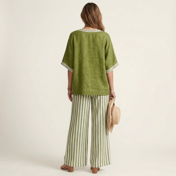 Juliana | V-Hals Varsity Top & Stripe Wide-Leg Set