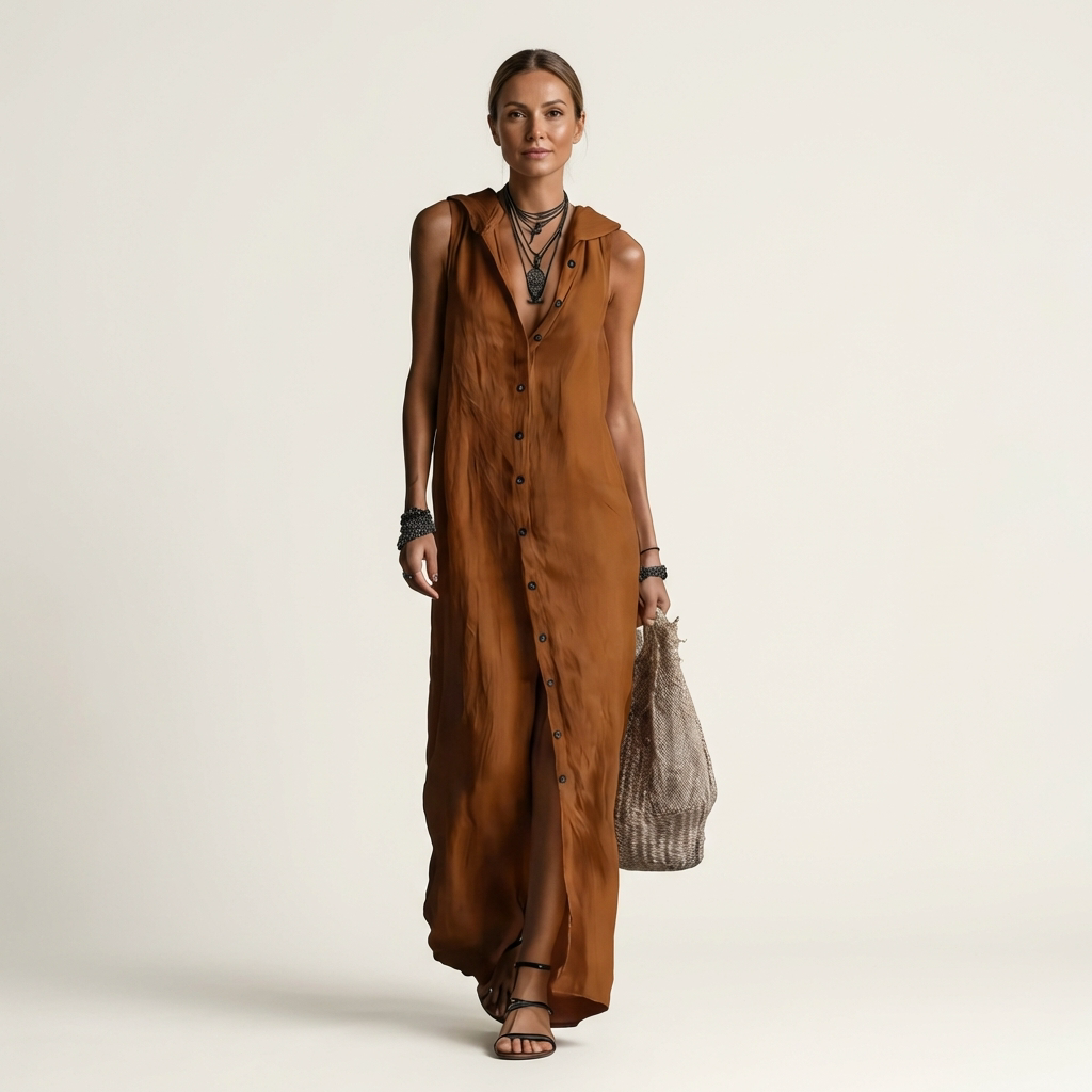 Mirabell | Kap met knopen, mouwloze linnen maxi-jurk