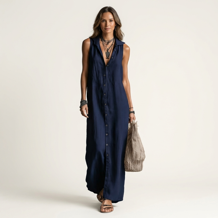 Mirabell | Kap met knopen, mouwloze linnen maxi-jurk