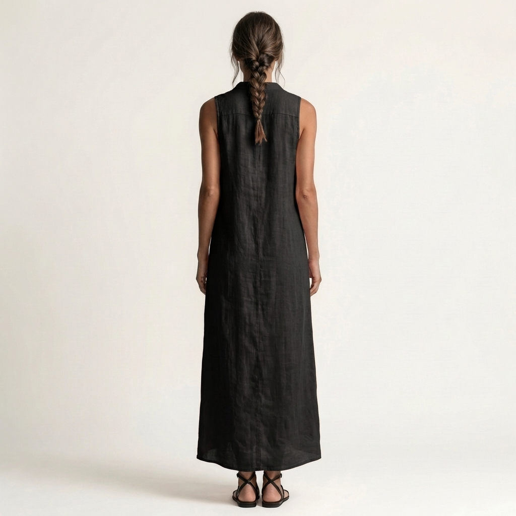Mirabell | Kap met knopen, mouwloze linnen maxi-jurk