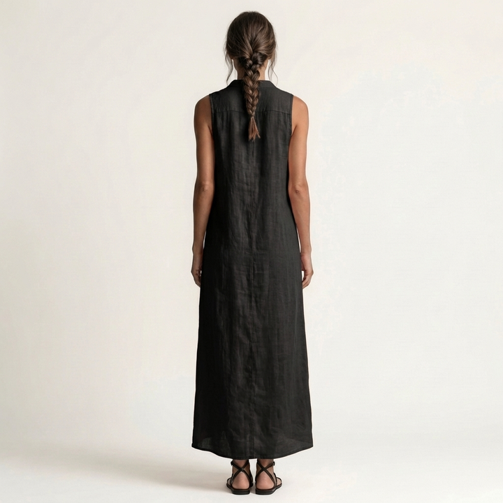 Mirabell | Kap met knopen, mouwloze linnen maxi-jurk