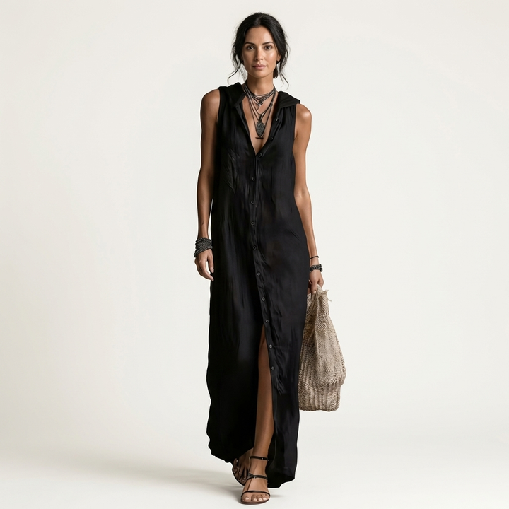 Mirabell | Kap met knopen, mouwloze linnen maxi-jurk