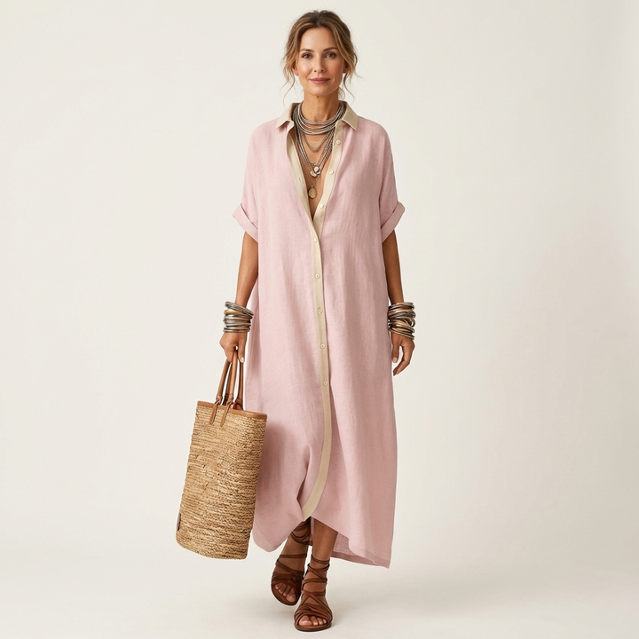 Kamira | Contrast-Kraag Knop-Voorkant Korte Mouwen Maxi Shirt Jurk