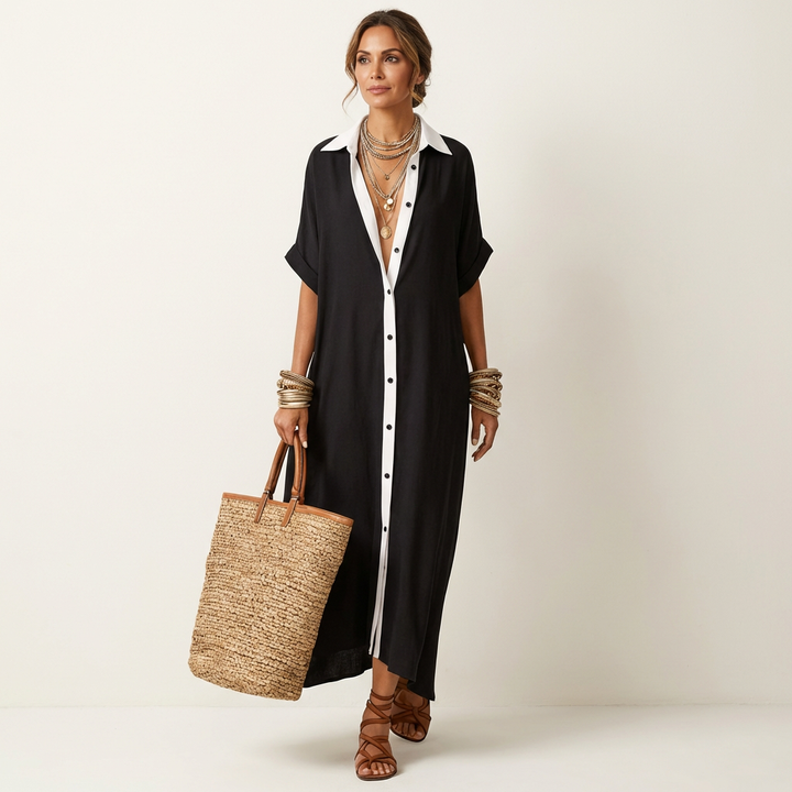 Kamira | Contrast-Kraag Knop-Voorkant Korte Mouwen Maxi Shirt Jurk