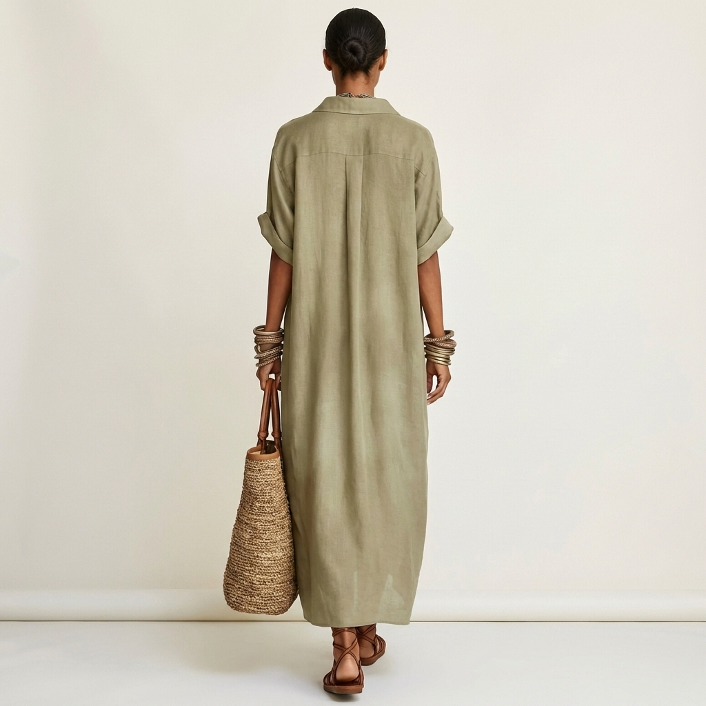 Kamira | Contrast-Kraag Knop-Voorkant Korte Mouwen Maxi Shirt Jurk