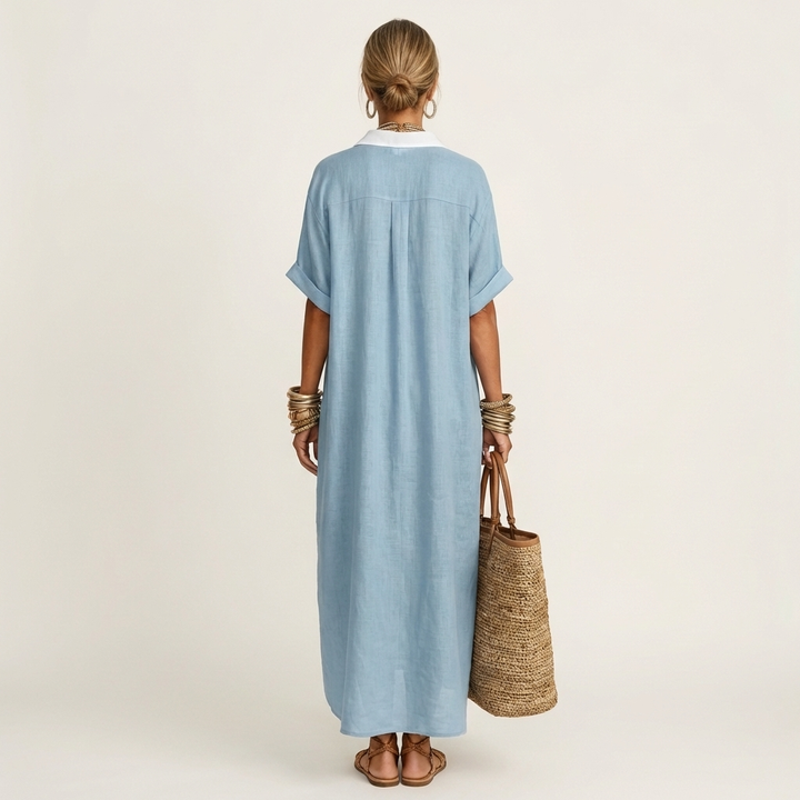 Kamira | Contrast-Kraag Knop-Voorkant Korte Mouwen Maxi Shirt Jurk