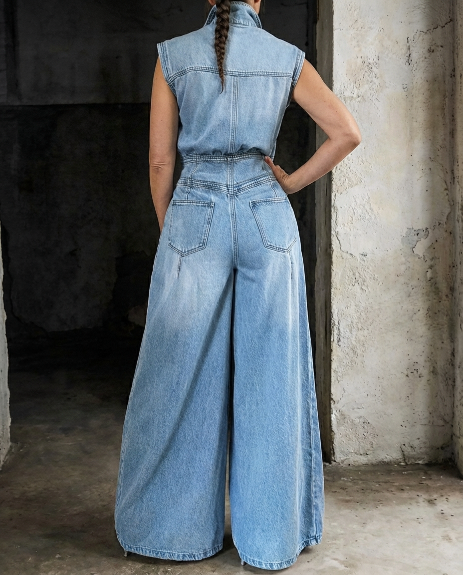 Stella | Taille Gecinchde Wijde Pijpen Denim Jumpsuit