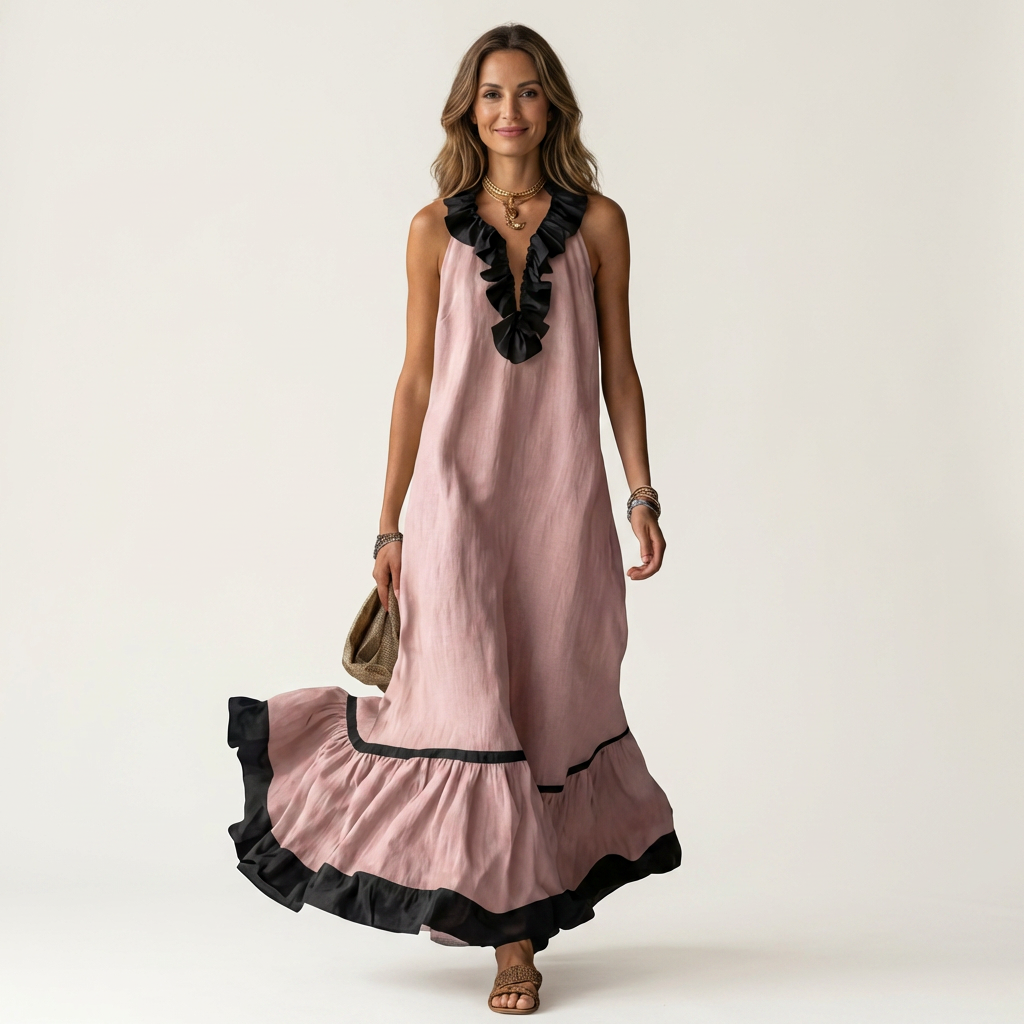 Mayline | Mouwloze Rimpel-Nek Contrast-Trim Maxi Jurk
