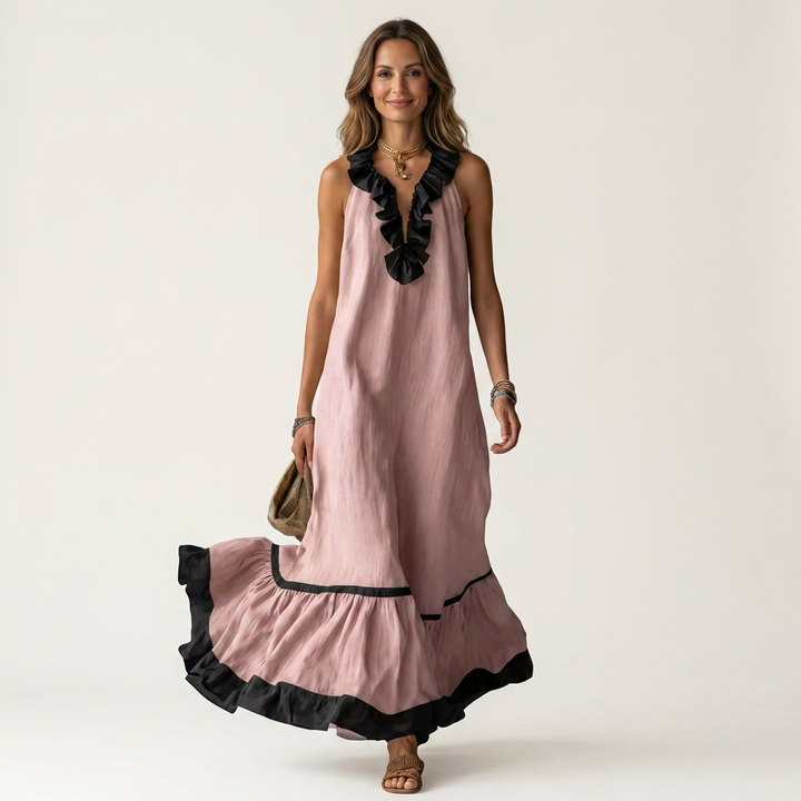 Mayline | Mouwloze Rimpel-Nek Contrast-Trim Maxi Jurk