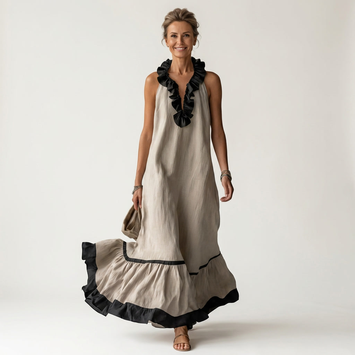 Mayline | Mouwloze Rimpel-Nek Contrast-Trim Maxi Jurk