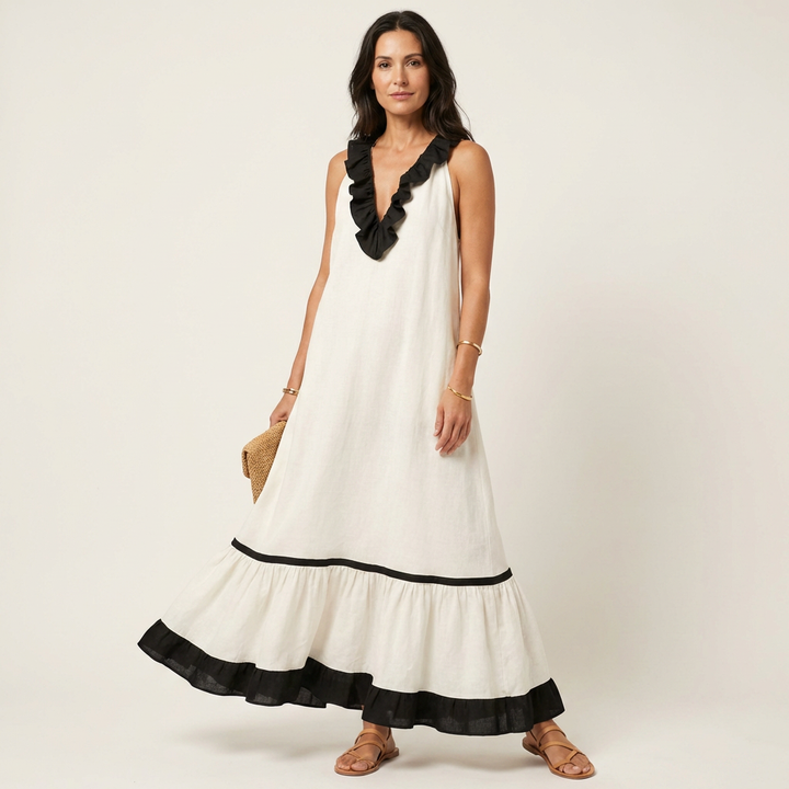 Mayline | Mouwloze Rimpel-Nek Contrast-Trim Maxi Jurk
