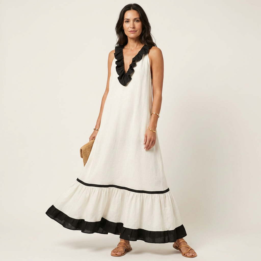 Mayline | Mouwloze Ruffle-Neck Contrast-Trim Maxi Jurk