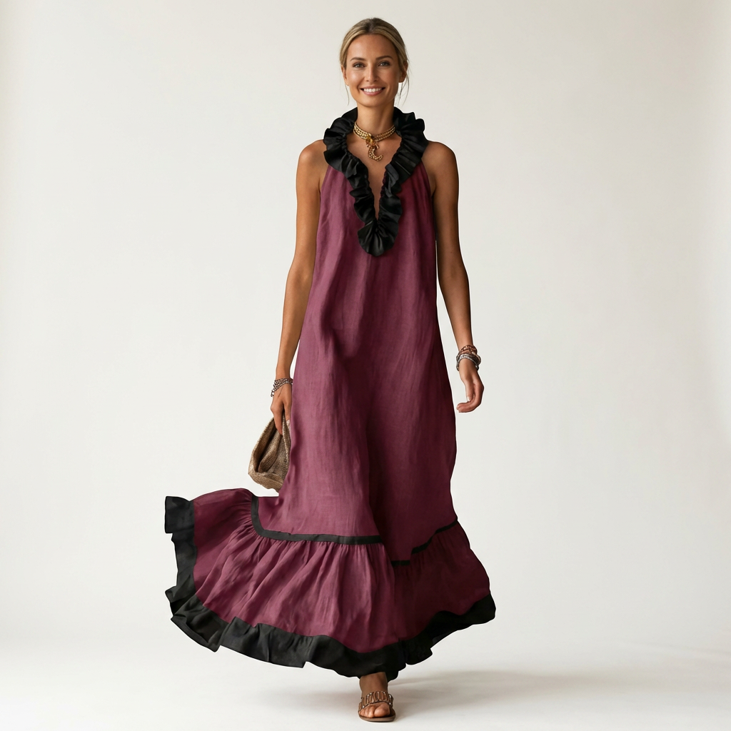 Mayline | Mouwloze Rimpel-Nek Contrast-Trim Maxi Jurk