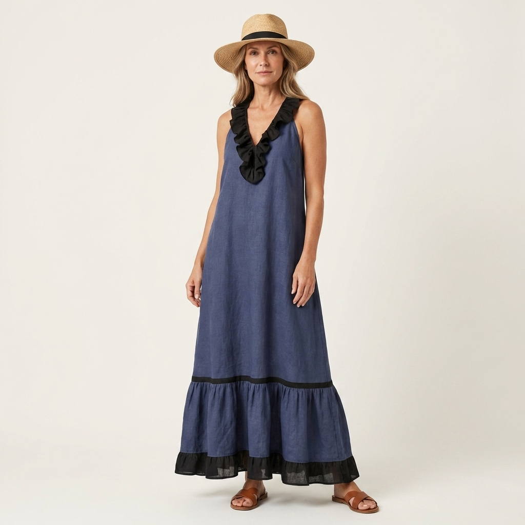 Mayline | Mouwloze Rimpel-Nek Contrast-Trim Maxi Jurk