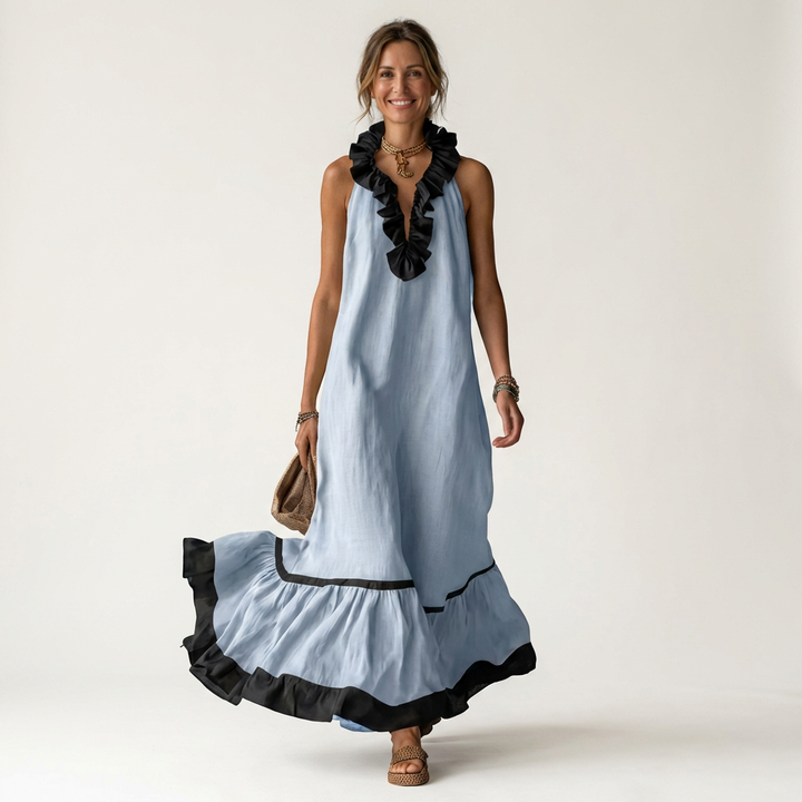Mayline | Mouwloze Ruffle-Neck Contrast-Trim Maxi Jurk