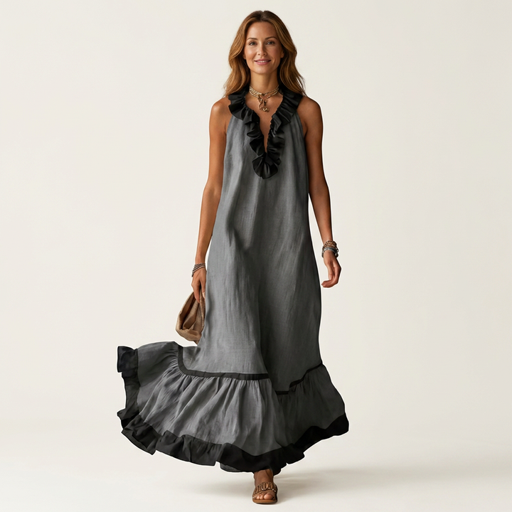 Mayline | Mouwloze Ruffle-Neck Contrast-Trim Maxi Jurk