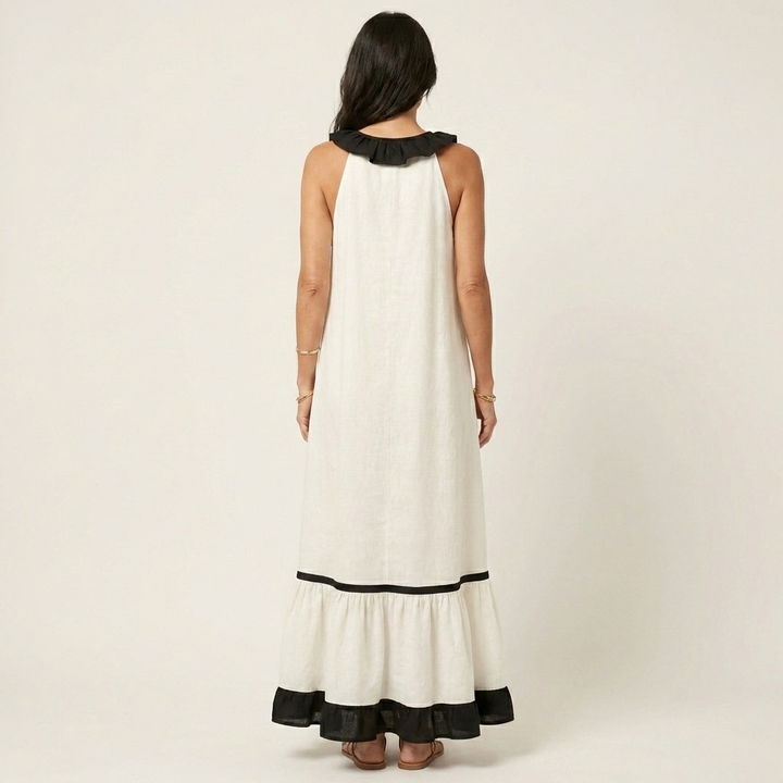 Mayline | Mouwloze Ruffle-Neck Contrast-Trim Maxi Jurk
