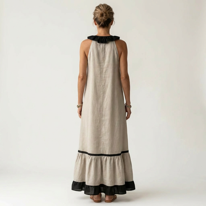 Mayline | Mouwloze Rimpel-Nek Contrast-Trim Maxi Jurk