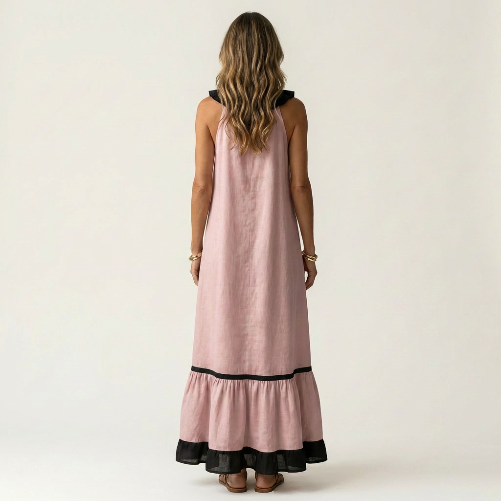Mayline | Mouwloze Rimpel-Nek Contrast-Trim Maxi Jurk