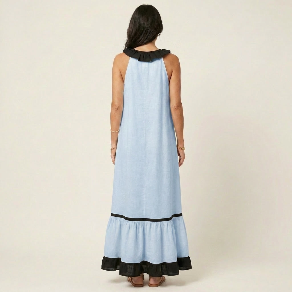 Mayline | Mouwloze Ruffle-Neck Contrast-Trim Maxi Jurk