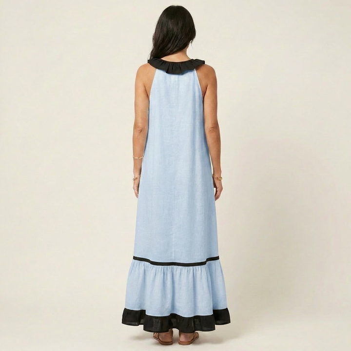 Mayline | Mouwloze Ruffle-Neck Contrast-Trim Maxi Jurk